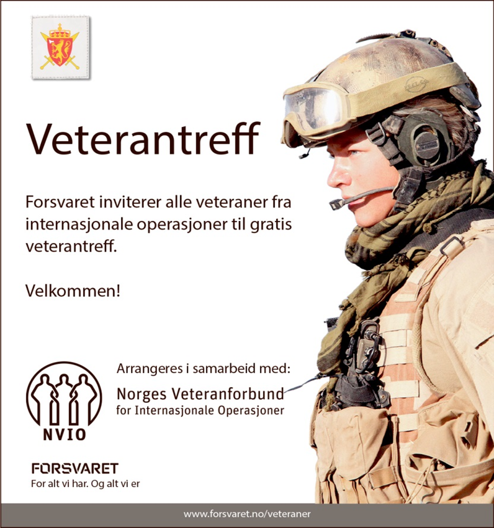 Invitasjon til veterantreff og bilete av soldat i kampuniform - Klikk for stort bilete
